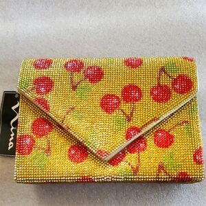 Nina Yellow Rhinestones Cherry Cherries Bag New